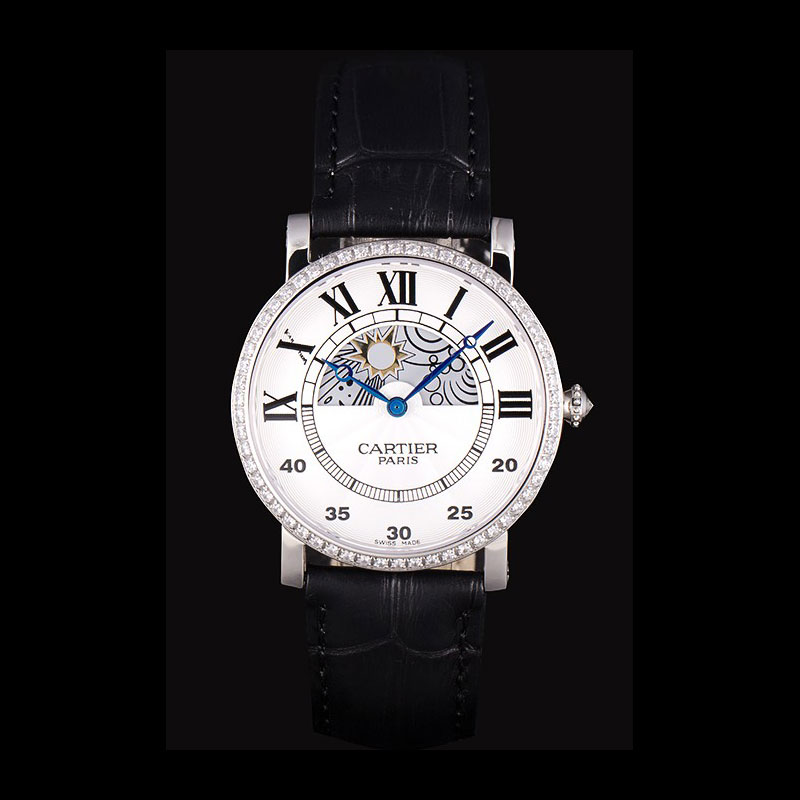 Cartier Moonphase Silver Watch with Black Leather Band ct255 CTR5945: Image 1