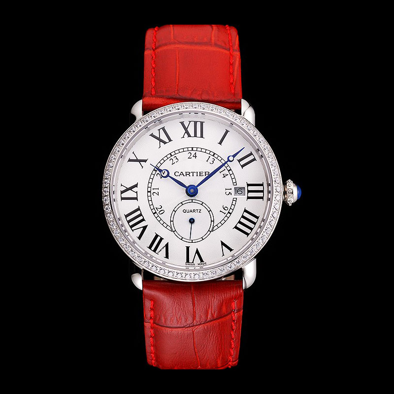 Cartier Ronde Louis Cartier White Dial Stainless Steel Diamond Bezel Red Leather Strap CTR5971: Image 1