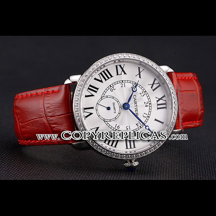 Cartier Ronde Louis Cartier White Dial Stainless Steel Diamond Bezel Red Leather Strap CTR5971: Image 2