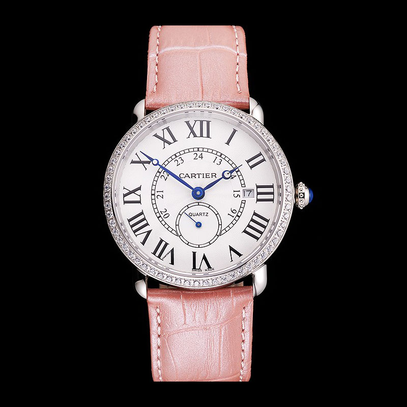 Cartier Ronde Louis Cartier White Dial Stainless Steel Diamond Bezel Pink Leather Strap CTR5973: Image 1