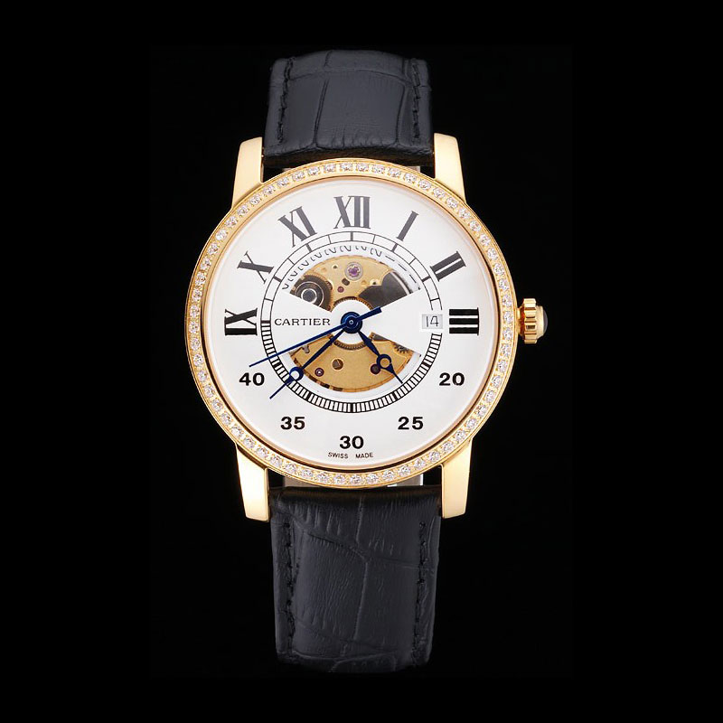 Swiss Cartier Rotonde Small Complication White Dial Gold Diamond Case Black Strap CTR6037: Image 1