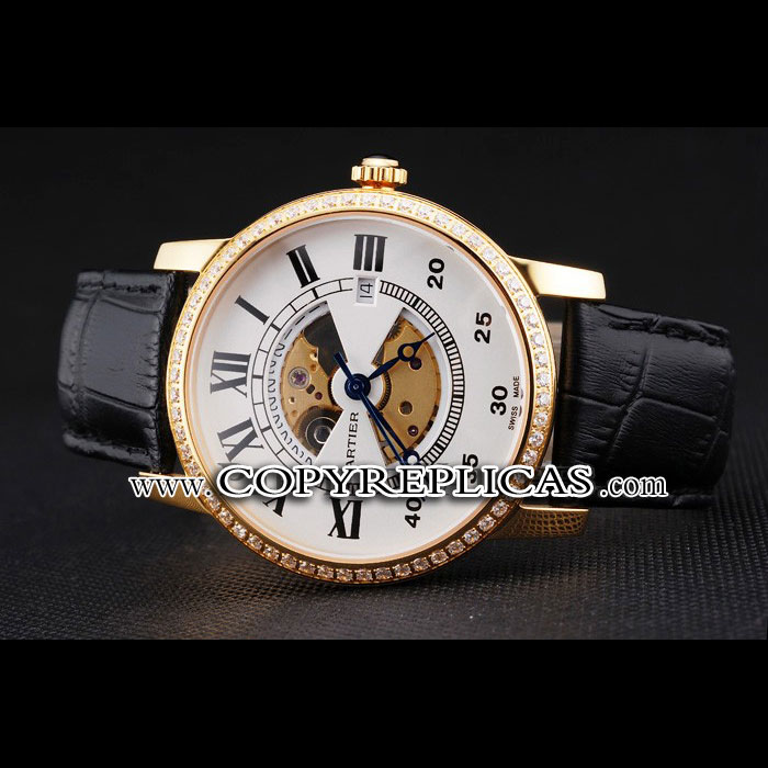 Swiss Cartier Rotonde Small Complication White Dial Gold Diamond Case Black Strap CTR6037: Image 2