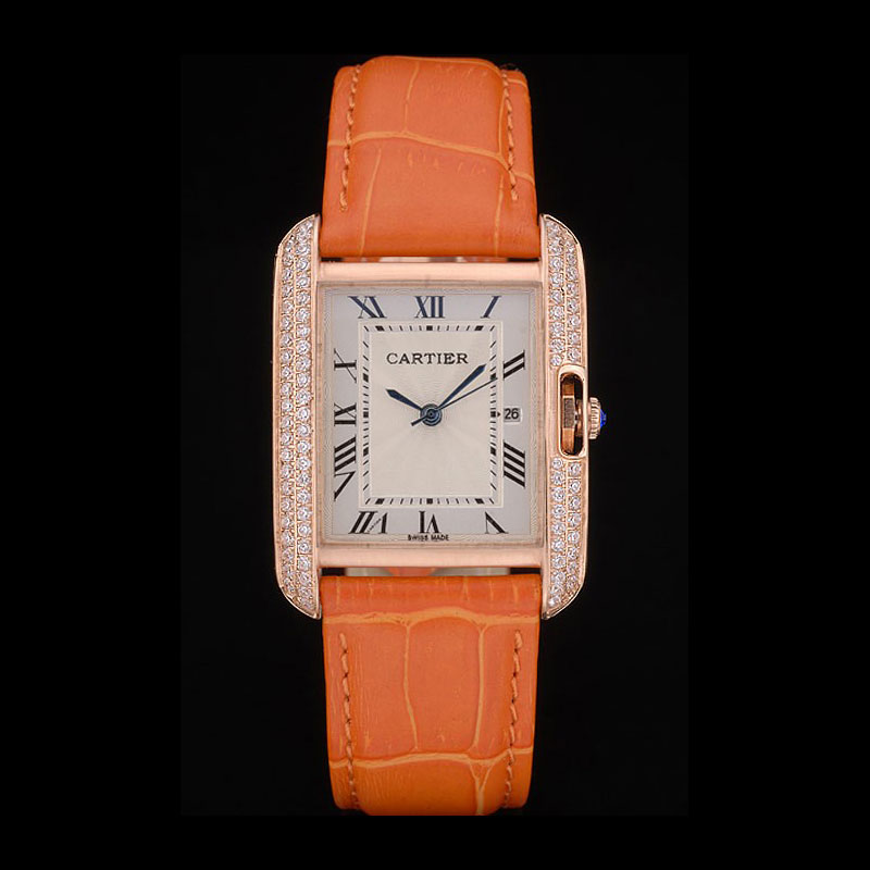 Cartier Tank Anglaise 30mm White Dial Diamonds Gold Case Orange Leather Bracelet CTR6100: Image 1