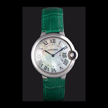 Cartier Ballon Bleu Silver Bezel with Pearl Dial Green Leather Band CTR5898