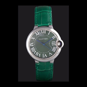 Cartier Ballon Bleu Silver Bezel with Green Dial and Green Leather Band CTR5899