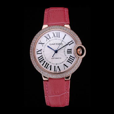 Swiss Cartier Ballon Bleu de Cartier White Dial Diamonds Case Pink Leather Bracelet CTR5911