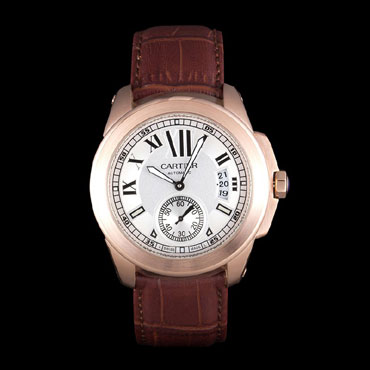 Cartier Calibre White Dial Gold Case Brown Leather Bracelet CTR5925