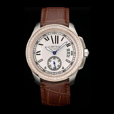 Cartier Calibre White Dial Diamonds Two Tone Case Brown Leather Bracelet CTR5929