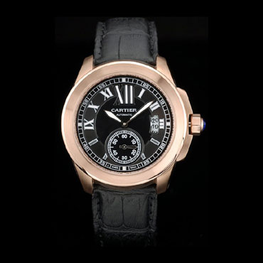 Cartier Calibre Black Dial Gold Case Black Leather Bracelet CTR5931