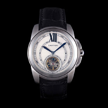 Cartier Calibre Flying Tourbillon White Dial Stainless Steel Case Black Leather Bracelet CTR5936