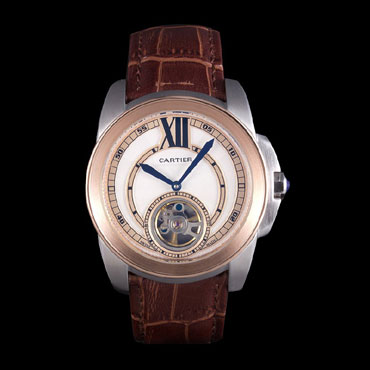 Cartier Calibre Flying Tourbillon White Dial Two Tone Case Brown Leather Bracelet CTR5937