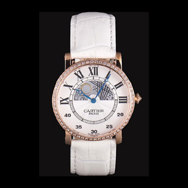 Cartier Moonphase Rose Gold Watch with White Leather Band ct254 CTR5942