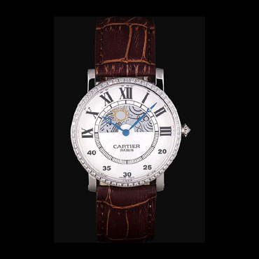 Cartier Moonphase Silver Watch with Brown Leather Band ct256 CTR5946