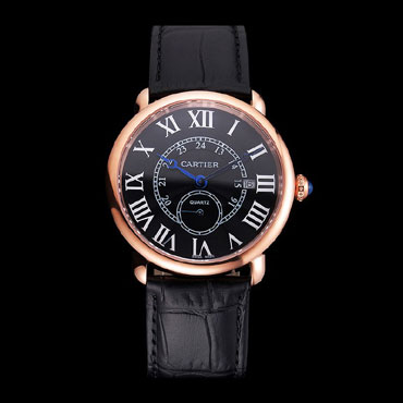 Cartier Ronde Louis Cartier Black Dial Gold Case Black Leather Strap CTR5956