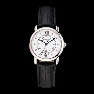 Cartier Ronde White Dial Diamond Hour Marks Stainless Steel Case Black Leather Strap CTR5958