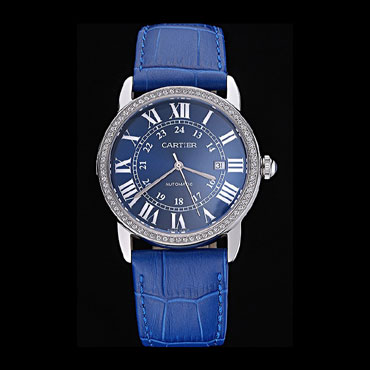 Swiss Cartier Ronde Solo Stainless Steel Diamond Case Blue Dial Roman Numerals CTR5960