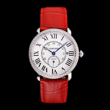 Cartier Ronde Louis Cartier White Dial Stainless Steel Diamond Bezel Red Leather Strap CTR5971