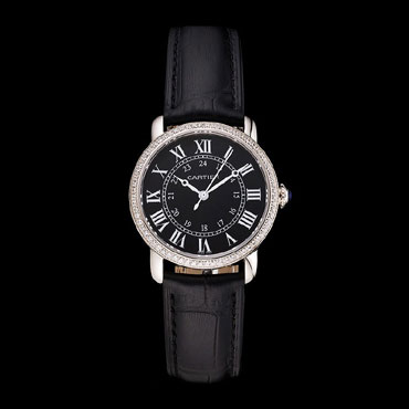 Cartier Ronde Black Dial Diamond Bezel Stainless Steel Case Black Leather Strap CTR5981