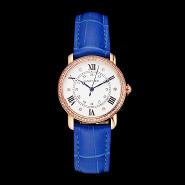 Cartier Ronde White Dial Diamond Bezel Rose Gold Case Blue Leather Strap CTR5982