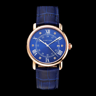 Cartier Ronde Solo Blue Dial Diamond Hour Marks Rose Gold Case Blue Leather Strap CTR5986