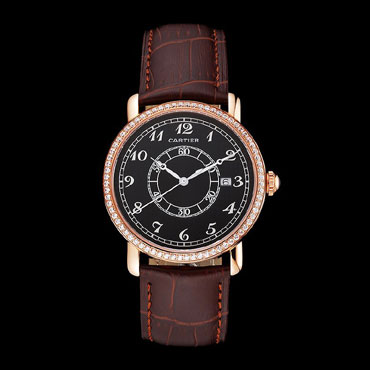 Cartier Ronde Solo Black Dial Diamond Bezel Rose Gold Case Brown Leather Strap CTR5988