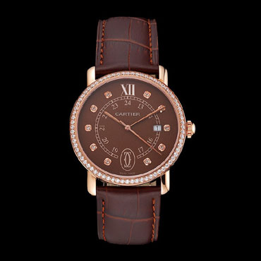 Cartier Ronde Solo Brown Dial Diamond Hour Marks And Bezel Rose Gold Leather Strap CTR5990