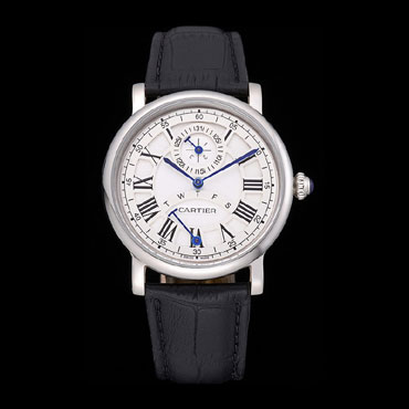 Cartier Rotonde White Dial Stainless Steel Case Black Leather Strap CTR6002