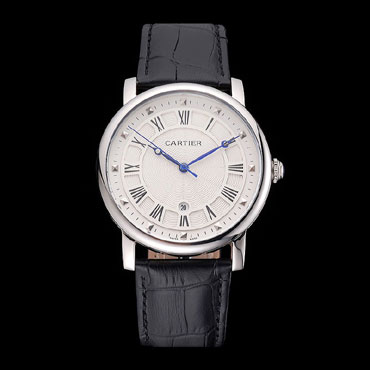 Cartier Rotonde Date White Dial Stainless Steel Case Black Leather Strap CTR6010