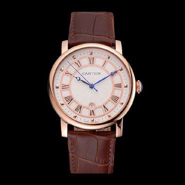 Cartier Rotonde Date White Dial Rose Gold Case Brown Leather Strap CTR6039