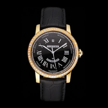 Swiss Cartier Rotonde Annual Calendar Black Dial Diamond Bezel Gold Case Black Strap CTR6040