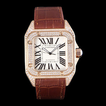 Swiss Cartier Santos Rose Gold Bezel with Diamonds and Brown Leather Strap sct46 CTR6050