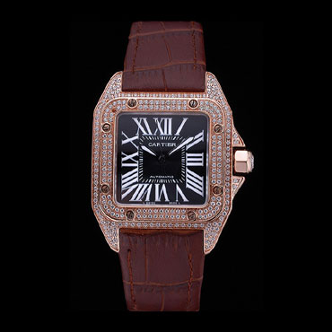 Swiss Cartier Santos Black Dial Diamonds Case Brown Leather Bracelet CTR6077