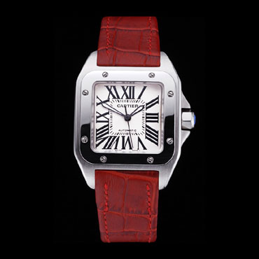 Swiss Cartier Santos White Dial Stainless Steel Case Red Leather Bracelet CTR6078