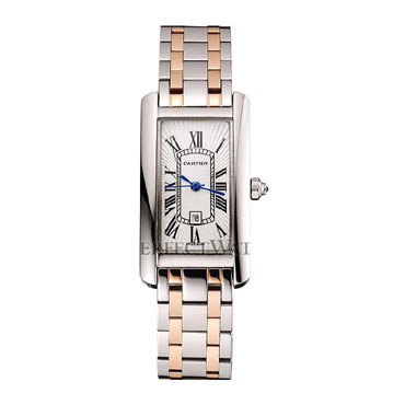 Cartier Tank Americaine 21mm White Dial Stainless Steel Case Two Tone Bracelet CTR6085