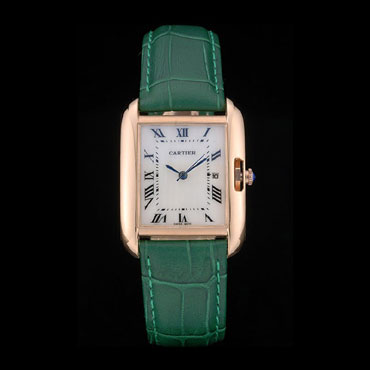 Cartier Tank Anglaise 30mm White Dial Gold Case Green Leather Bracelet CTR6106