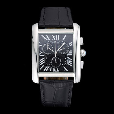 Cartier Tank MC Black Dial Stainless Steel Case Black Leather Bracelet CTR6127