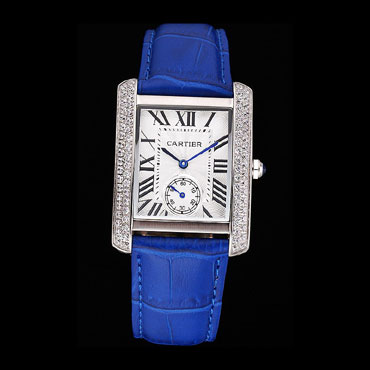 Cartier Tank MC Stainless Steel Diamond Case White Dial Blue Leather Strap CTR6130