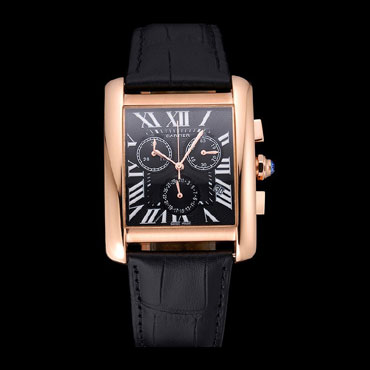 Cartier Tank MC Black Dial Gold Case Black Leather Bracelet CTR6142