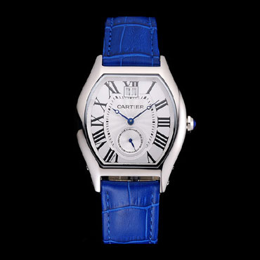 Cartier Tortue Large Date White Dial Stainless Steel Case Blue Leather Strap CTR6146