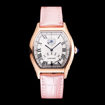 Cartier Tortue Perpetual Calendar White Dial Gold Case Pink Leather Strap CTR6150