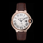 Swiss Ballon Blue De Cartier Gold Case White Dial Roman Numerals Brown Leather Bracelet CTR5890