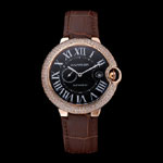 Swiss Cartier Ballon Bleu Diamond Case Black Dial Brown Leather Bracelet CTR5917