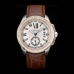 Cartier Calibre White Dial Diamonds Two Tone Case Brown Leather Bracelet CTR5929