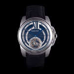 Cartier Calibre Flying Tourbillon Black Dial Stainless Steel Case Black Leather Bracelet CTR5932