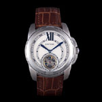 Cartier Calibre Flying Tourbillon White Dial Stainless Steel Case Brown Leather Bracelet CTR5935