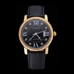 Swiss Cartier Ronde Solo Black Dial Gold Diamond Case Black Leather Strap CTR5967