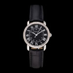 Cartier Ronde Black Dial Diamond Bezel Stainless Steel Case Black Leather Strap CTR5981