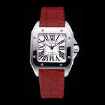 Swiss Cartier Santos White Dial Stainless Steel Case Red Leather Bracelet CTR6078