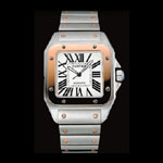 Swiss Cartier Santos White Dial Gold Bezel Steel Case And Bracelet CTR6081