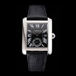 Swiss Cartier Tank MC Black Dial Stainless Steel Case Black Leather Strap CTR6137